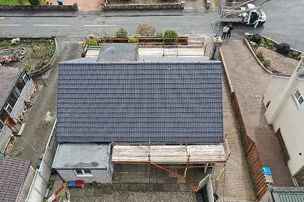 Drone shot of a completed roof replacement A. Dawson Roofing Services Kirkcaldy