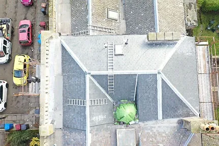 Aerial view of a hipped slate roof A. Dawson Roofing Services Fife