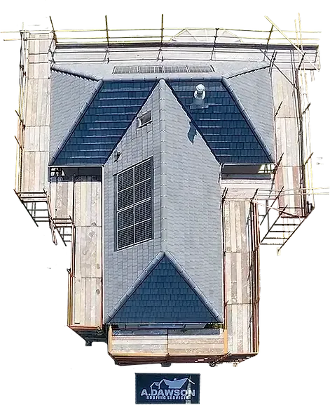 Drone view of a roof inspected by A. Dawson Roofing Services Kirkcaldy